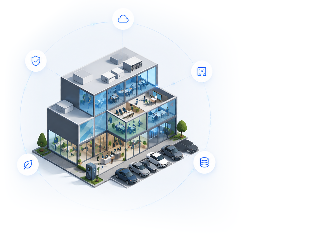 Isometric smart building with connected building systems